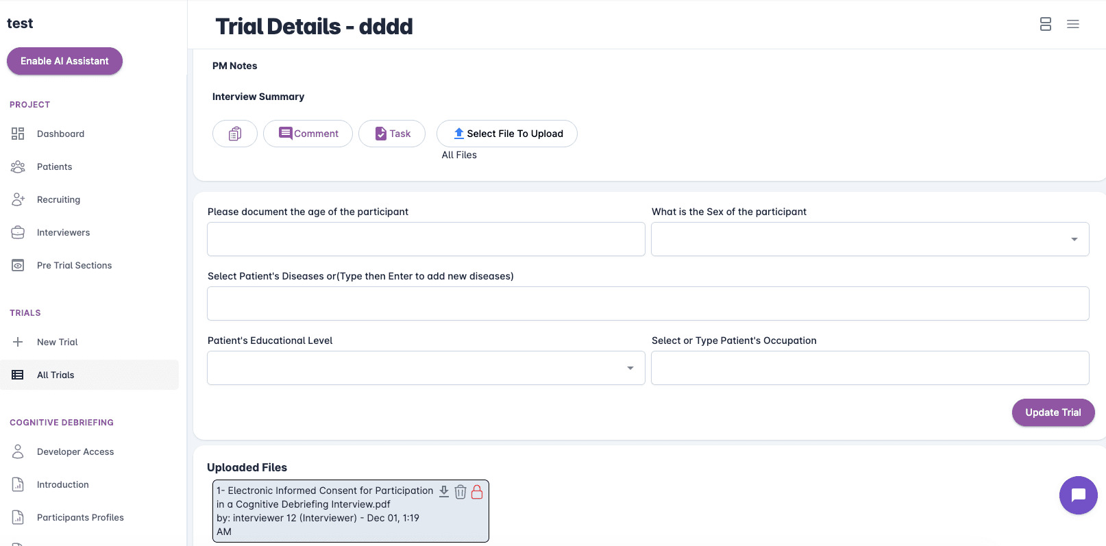 Cognitive debriefing interface