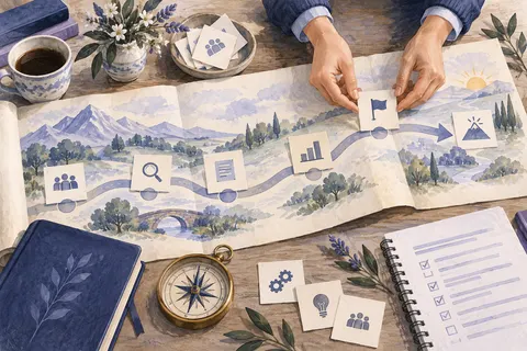 Editorial illustration: Hands arranging milestones on an illustrated clinical research roadmap