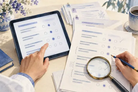 Editorial illustration comparing a paper questionnaire with its electronic implementation