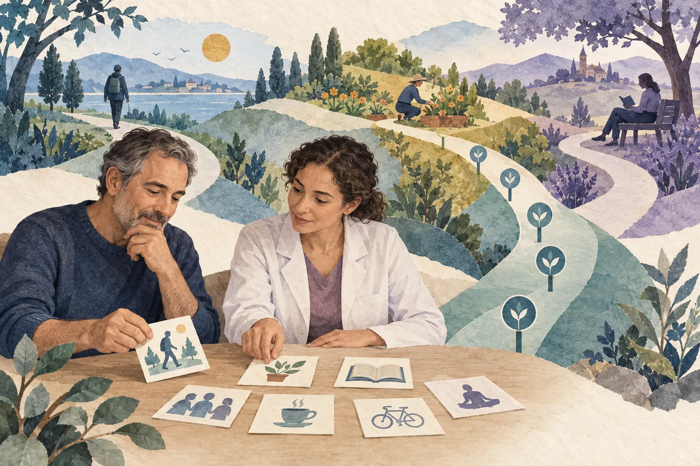 Editorial illustration of a patient and interviewer arranging personal goal cards beside paths toward everyday activities