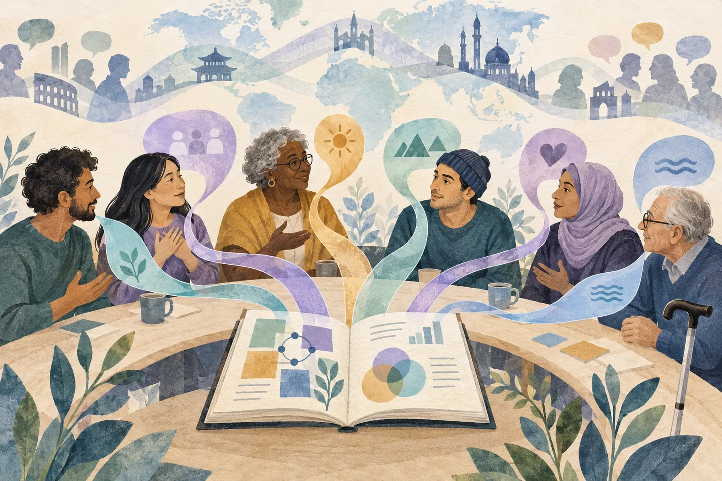 Watercolor illustration of adults sharing experiences across languages around a research notebook