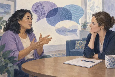 Editorial illustration of an interviewer listening to a participant explain their understanding